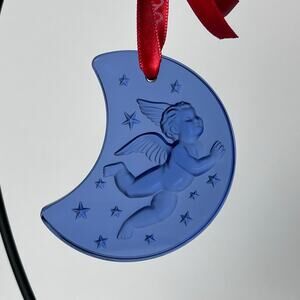 Vintage Lalique Blue Crystal Glass Cherub Ornament Crescent Moon Stars 1999